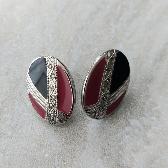 Vintage Silver-Toned Purple/Black Enamel Earrings - Picture 4 of 4